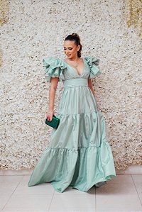 VESTIDO VERDE MINT SAIA EM CAMADAS COM MANGA BABADO