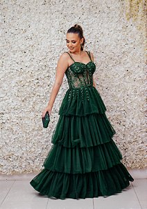 VESTIDO MARIE EM TULE VERDE MUSGO BUSTO ESTRUTURADO BORDADO MARIE SAIA EM CAMADAS