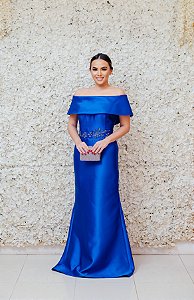VESTIDO AZUL ROYAL OMBRO A OMBRO EM ZINBELINE COM BORDADO NA CINTURA