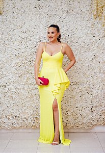 VESTIDO AMARELO NEON EM PAETÊ ALÇA FINA COM DETALHE DE FOLHO NA CINTURA