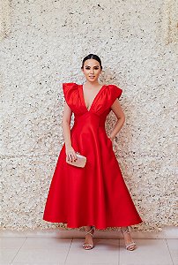 VESTIDO MIDI MARRO VERMELHO BABADO OMBRO