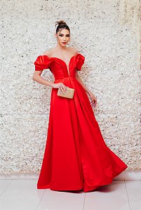 VESTIDO VERMELHO EM SEDA OMBRO A OMBRO SAIA EM PREGA COM FENDA