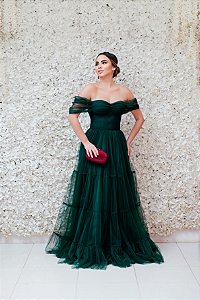 VESTIDO VERDE MUSGO EM TULE OMBRO A OMBRO BUSTO ESTRUTURADO DRAPEADO