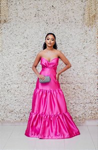 VESTIDOS EM ZIBELINE TOMARA QUE CAIA PINK COM SAIA EM CAMADAS
