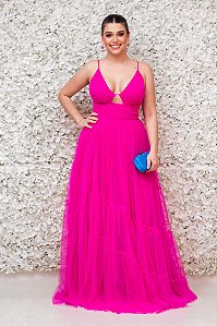 VESTIDO PINK EM TULE ALÇA FINA E DETALHE DRAPEADO NO BUSTO COM RECORTE