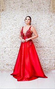 VESTIDO VERMELHO SAIA EM ZIBELINE COM BUSTO EM TULE BORDADO