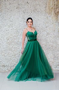 VESTIDO EM TULE VERDE BICOLOR ALCINHA FINA BUSTO DRAPEADO E SAIA PLISSADA