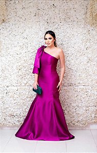 VESTIDO EM ZIBELINE FUCSIA SEREIA OMBRO ÚNICO COM LAÇO