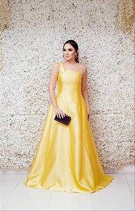 VESTIDO PRINCESA EM ZIBELINE OMBRO ÚNICO AMARELO
