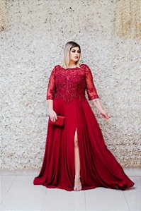 VESTIDO LONGO PS MARSALA MANGA 3/4 BUSTO BORDADO E SAIA FLUIDA COM FENDA CHIFFON