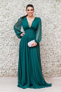 VESTIDO LONGO CHIFFON VERDE BANDEIRA MANGA LONGA DECOTE V FRENTE E COSTA