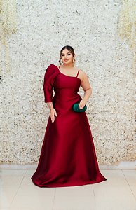 VESTIDO LONGO SEREIA MARSALA OMBRO ÚNICO MANGA LONGA BUFANTE EM ZIBELINE