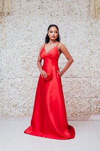 VESTIDO LONGO PRINCESA VERMELHO DECOTE EM V