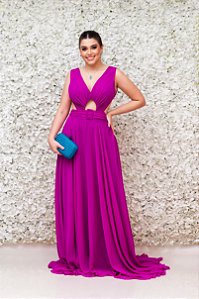 VESTIDO LONGO ROXO CHIFFON RECORTE FRONTAL COSTA AMARRAÇÃO