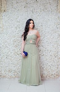 VESTIDO LONGO VERDE VERDE OLIVA TOMARA QUE CAIA EM TULE