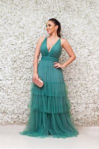 VESTIDO LONGO VERDE EM TULE TRANÇADO NAS COSTAS