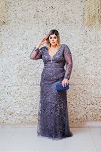 VESTIDO LONGO PS GRAFITE TODO BORDADO MANGA LONGA