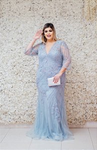 VESTIDO LONGO PS AZUL SERENITY MANGA LONGA TODO BORDADO