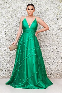 VESTIDO LONGO VERDE BANDEIRA ALCINHA FINA COM SAIA E TULE DETALHE VIÉS