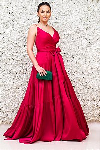 VESTIDO LONGO CETIM DE SEDA MARSALA ALÇA FINA SAIA EM CAMADAS