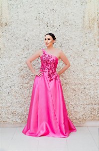 VESTIDO LONGO PINK EM ZINBELINE OMBR UNICO BUSTO BORDADO