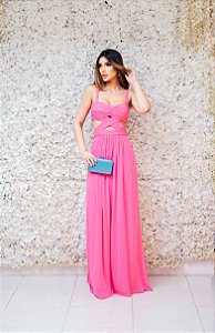 VESTIDO LONGO ROSA CHICLETE BUSTO DRAPEADO CRUZADO E RECORTE NA FRENTE