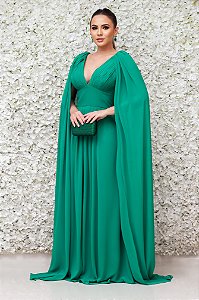 VESTIDO LONGO VERDE BANDEIRA BUSTO DRAPEADO COM CAPA LISA