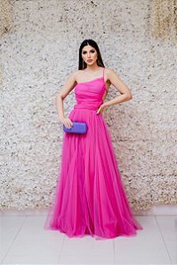 VESTIDO PINK EM TULE BUSTO DRAPEADO OMBRO UNICO RECORTE LATERAL SAIA PRINCESA