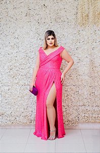 VESTIDO PINK PAETÊ OMBRO A OMBRO COM FENDA