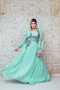 VESTIDO VERDE CANDY COM BUSTO BORDADO E MANGA LONGA COM RECORTE