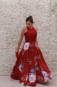 VESTIDO MARSALA COM SAIA ESTAMPADA FLORAL ZIBELINE SEM DECOTE