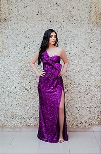 VESTIDO UVA PAETÊ HOLOGRÁFICO TOMARA QUE CAIA COM LAÇO NO BUSTO