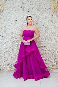 VESTIDO FÚCSIA EM TULE TOMARA QUE CAIA BUSTO DRAPEADO PEPLUM DETALHE CRINOL