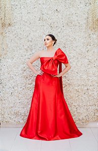 VESTIDO VERMELHO EM ZIBELINE OMBRO ÚNICO COM LAÇO