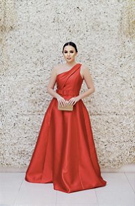 VESTIDO VERMELHO PRINCESA OMBRO ÚNICO RECORTE NA COSTA E CINTO FIVELA