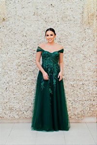 VESTIDO VERDE OMBRO A OMBRO EM TULE COM APLICAÇÕES DE FLORES