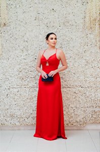 VESTIDO CETIM DE SEDA VERMELHO ALÇA FINA BUSTO LAÇO