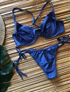 BIQUINI MARINA TRANSP. AZUL MARINHO CANELADO ACETINADO + CALCINHA LACINHO
