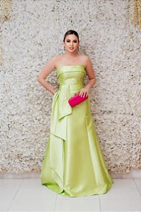 VESTIDO ZIBELINE VERDE LIMA TOMARA QUE CAIA COM DETALHE DRAPEADO NA CINTURA E NO CINTO