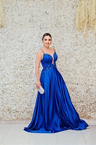 VESTIDO AZUL ROYAL CETIM DE SEDA ALÇA FINA COM BUSTO BORDADO E TULE DECOTE