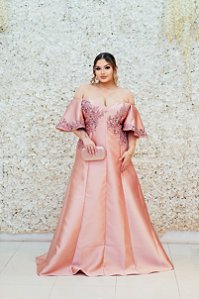 VESTIDO ROSA CHÁ ZIBELINE OMBRO A OMBRO MANGA FLARE BORDADA E  BUSTO BORDADO