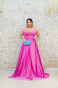 VESTIDO ROSA CHICLETE CETIM DE SEDA ALCINHA FINA DECOTE COM TULE