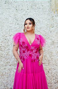 VESTIDO M RODARTE REGATA EM TULE FUCSIA BUSTO BORDADO E FRU-FRU MANGA REMOVÍVEL