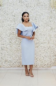 VESTIDO MIDI AZUL MANGA BABADO COM CINTO CHANEL