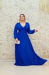 VESTIDO AZUL BIC PLISSADO MANGA LONGA COM AMARRAÇÃO NA COSTA DETALHE PLISSADO NA CINTURA