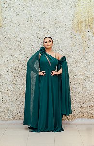 VESTIDO VERDE ESMERALDA FESP OMBRO UNICO CAPA COM FLORES E MANGA REMOVÍVEL