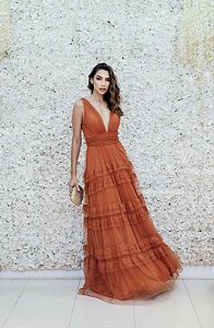 VESTIDO TERRACOTA TULE REGATA SAIA EM CAMADAS BABADO