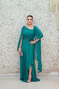 VESTIDO VERDE BANDEIRA CAPA BUSTO DRAPEADO COM BORDADO NO OMBRO E NA CINTURA