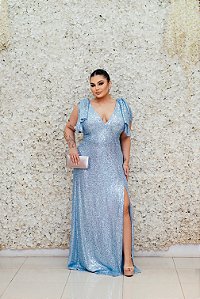 VESTIDO  PAETÊ AZUL SERENITY REGATA	 COM LAÇOS NO OMBRO