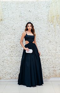 VESTIDO PRETO PRINCESA TAFETÁ COM RECORTE LATERAL
